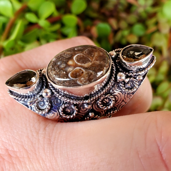 New Turtella Agate Fossil and Smoky Quartz 925 Silver Statement Ring. - Picture 6 of 16
